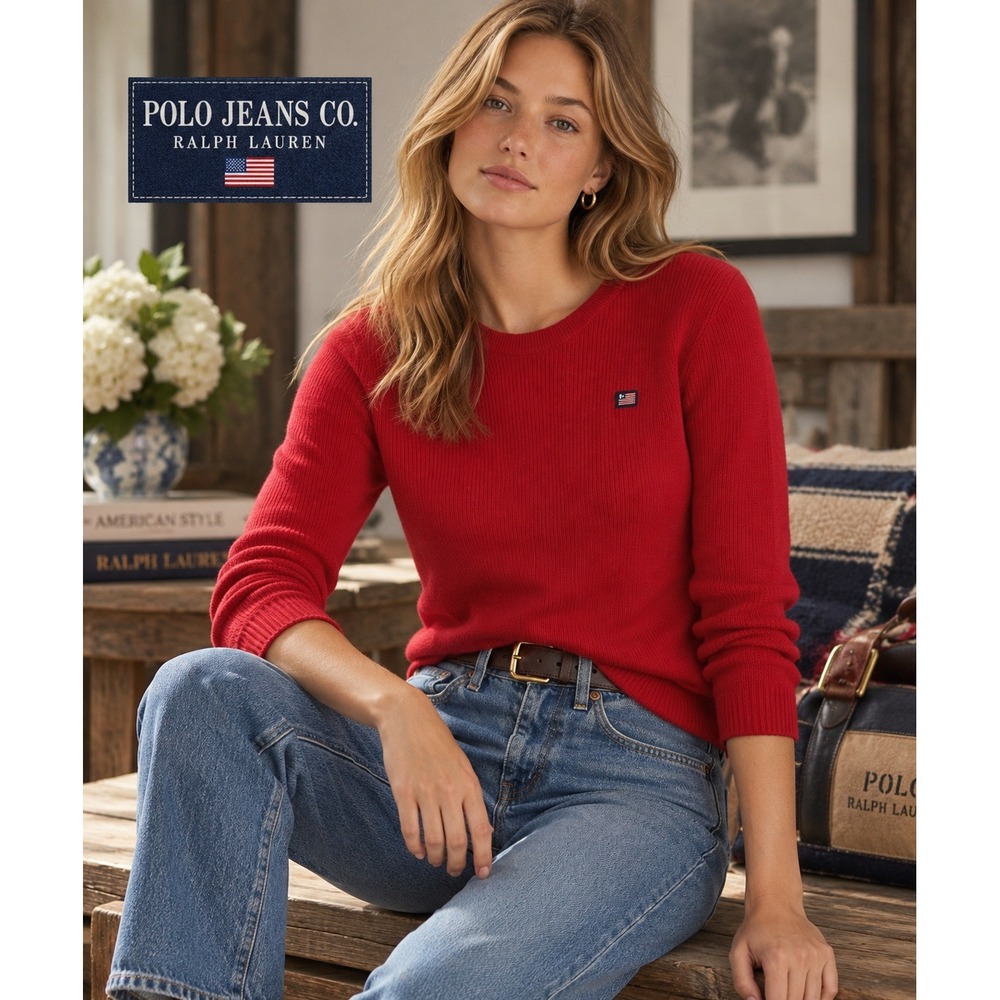 Polo Jeans Co Ralph Lauren 90s Red Sweater RL Flag Logo XL